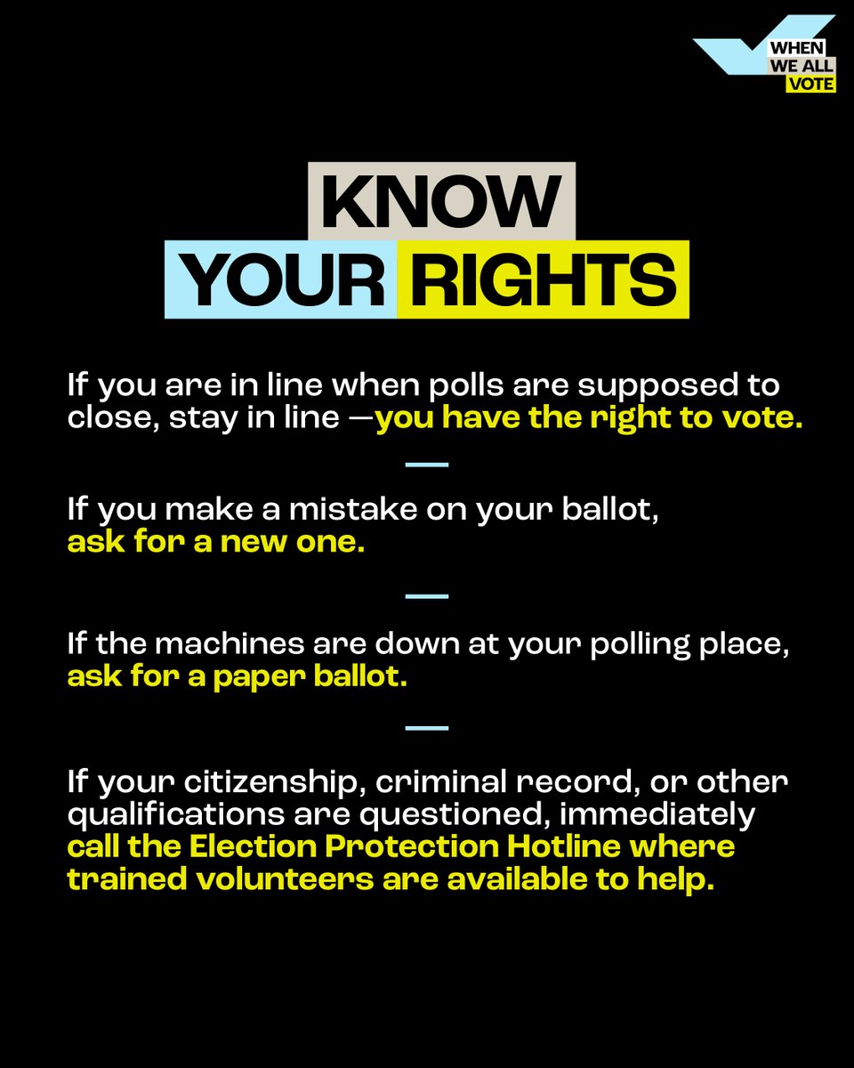 WhenWeAllVote's tweet photo. If our vote didn’t matter, there wouldn’t be people trying to stop us from voting… Period.

Make sure you know your rights as a voter — if you have any concerns or questions while casting your ballot, call or text the Election Protection Hotline at 866-OUR-VOTE. https://t.co/lN4hyUMTjc
