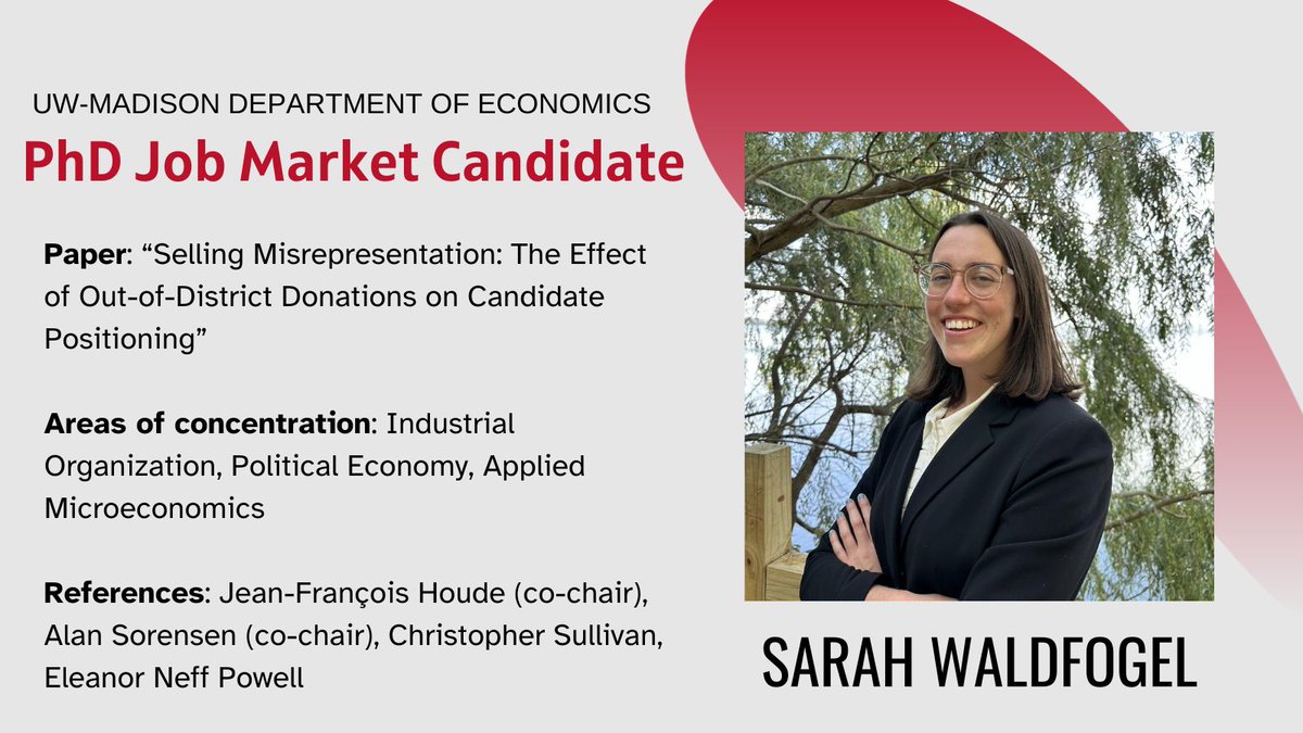 In her job market paper, Sarah (@SarahWaldfogel) builds a model of the supply of and demand for candidate ideology to quantify how out-of-district donations have contributed to US Congressional polarization. #EconJobMarket #EconTwitter econ.wisc.edu/staff/waldfoge…