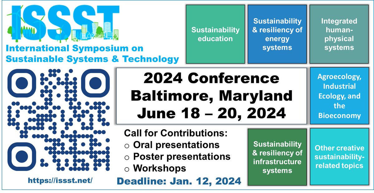 Join us for the 31st year of ISSST - one of the longest-running research conferences on sustainability &amp; the intersection of technology, policy, &amp; behavior! Abstract deadline is January 12. Student-friendly! 
Homepage: issst.net
Submissions: conftool.org/issst2024/