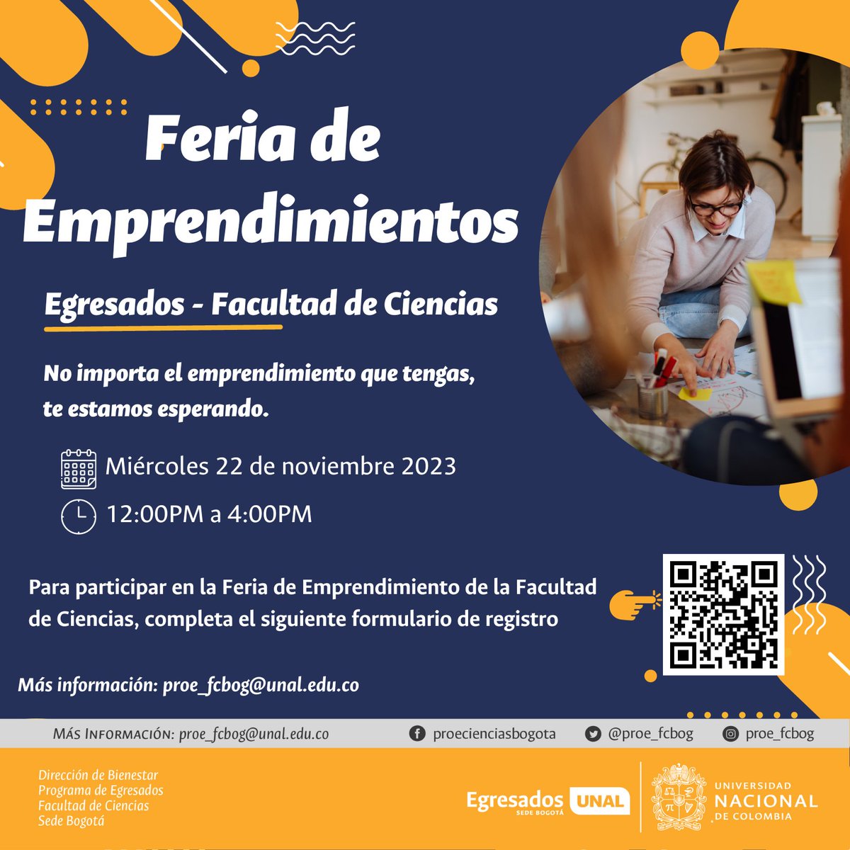 ¡Egresados de Ciencias! 🚀 
Únete a la Feria de Emprendimiento el 22 de noviembre. Destaca tu emprendimiento y regístrate  en el enlace o en el código qr de la imagen 
forms.gle/pxL52t4x55bwhA…

#EmprendimientoCiencias #EgresadosUNAL #FeriaDeEmprendimiento #InnovaciónEmpresarial