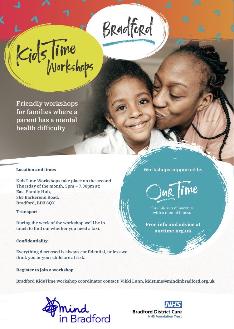 EmmaLVDG's tweet photo. Delighted to invite families to Bradford’s launch of KidsTime workshops for #families where one or both parents experience #mentalhealth difficulties+receive care from community mental health services. ⁦@ourtimecharity⁩ ⁦@MindinBradford⁩ ⁦@BDCFT_CMHT⁩ ⁦ https://t.co/KRlIfeqFp0