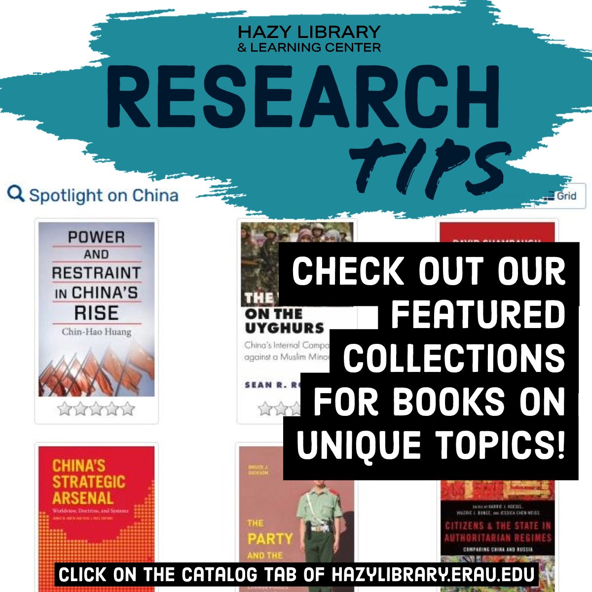 hazylibrary's tweet image. If you’re looking for research on a specific topic or want to browse what’s new, check out our featured book collections on the library catalog tab of hazylibrary.erau.edu.  #researchtips #hazylibrary