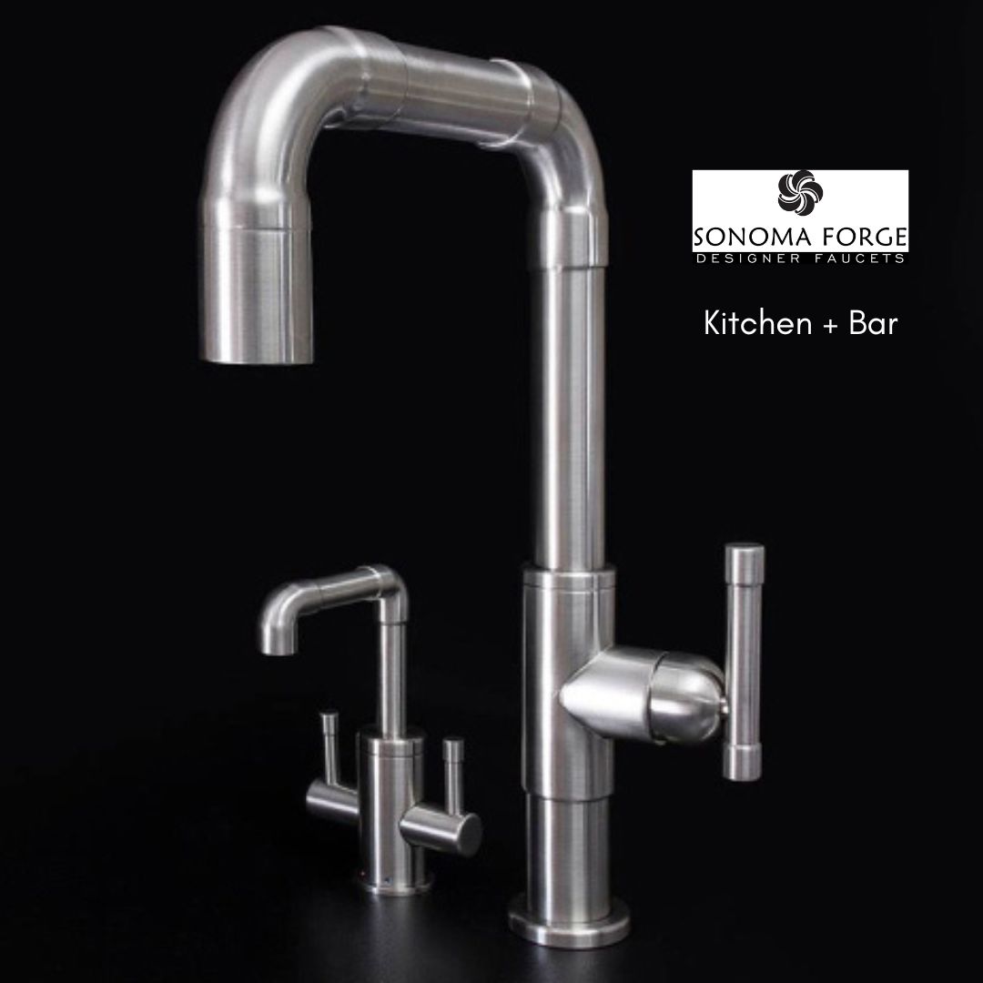 #SonomaForge for your kitchen! Check out kitchen & Bar sets, like this Brut Pull-Out faucet and matching Point of Use faucet in Satin Nickel #kitchenfaucet #barfaucet #kitchenandbathshowroom #industriallook