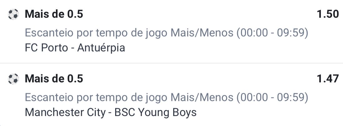 🚀 Dupla do Dia 07.11

🏟️ Partidas:

🌍 Porto x Royal Antwerp
🌍 Man City x Young Boys

📊 Odd @ 2.20

💰 Investimento da Aposta: 1 unidade