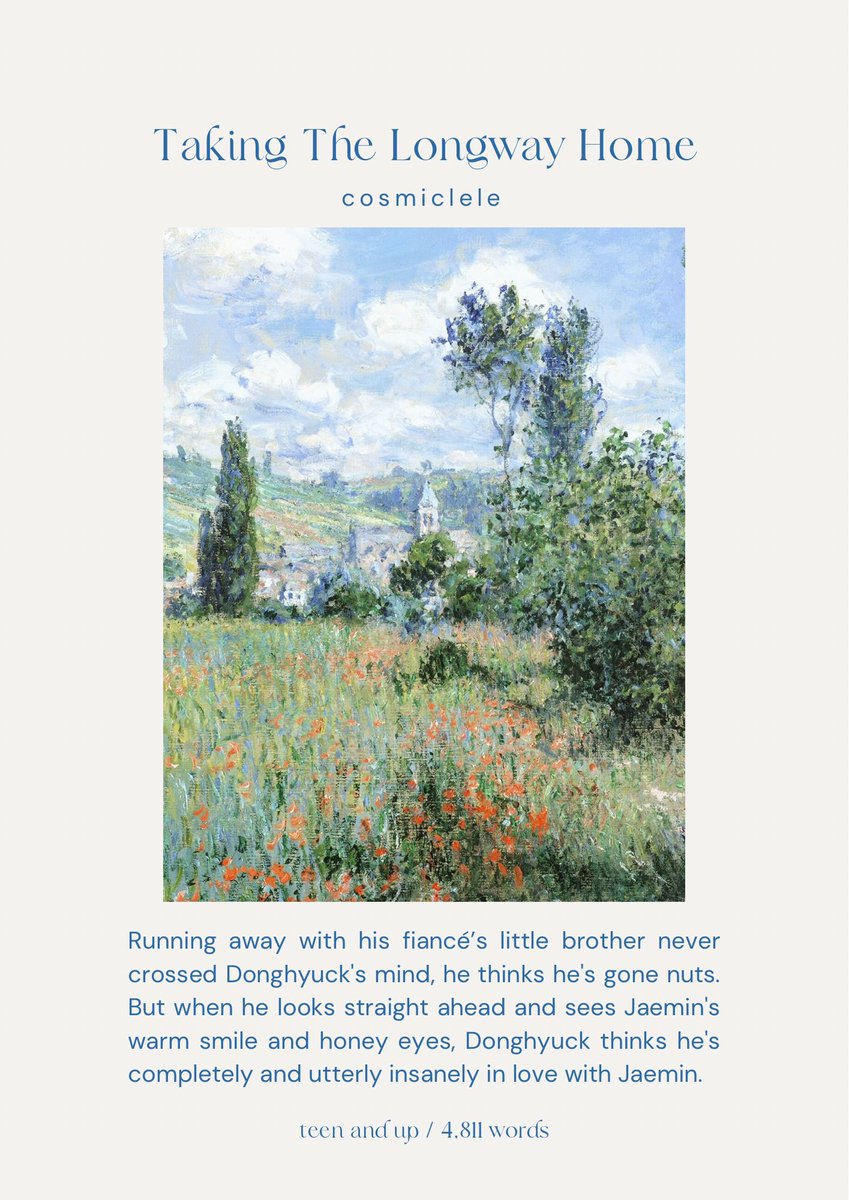 💒  taking the long way home

🧸  nahyuck
🧸  4,811 words
🧸  teen and up
🧸  run away bride (but a groom), minor jaehyuck
🧸  written for <a href="/nhficfests/">nahyuck fest | RESTING</a> 

🔗  archiveofourown.org/works/50854567