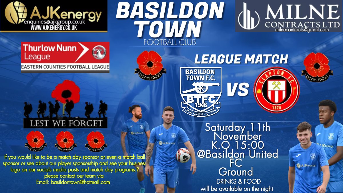 🔵Basildon Town Football Club🔵
🚨Next Match🚨
⚽⚽⚽
BASILDON TOWN FC vs Clapton FC
Saturday 11th November
Basildon United FC
K.O 15:00
Food and Drinks Available
🍺🍔🌭
All Support welcomed
👏👏👏👏
Sponsored by AJK Energy - Air Conditioning  &amp; Milne Contractors Ltd.
🔵🔵UTT🔵🔵