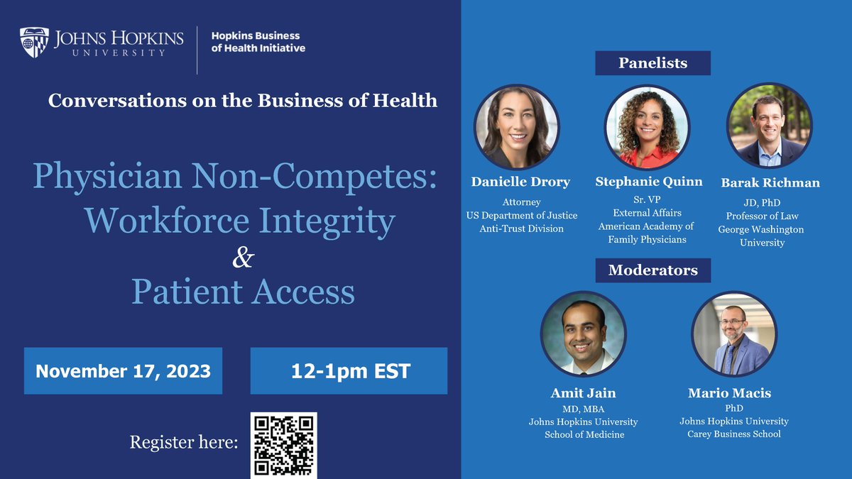We could not be more excited to have an amazing panel of national thought leaders on #physician #noncompetes with Attorney Drory <a href="/TheJusticeDept/">U.S. Department of Justice</a>, Stephanie Quinn <a href="/aafp/">AAFP</a>, and <a href="/BarakRichman/">Barak Richman</a> <a href="/GWtweets/">GW University</a> 

<a href="/JHU_HBHI/">Hopkins Business of Health Initiative</a> <a href="/FTC/">FTC</a> #healthcare #competition 

Register here: 
hbhi.jhu.edu/events/physici…