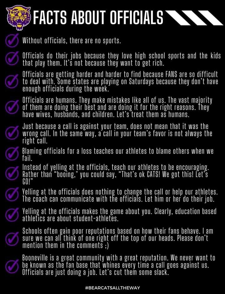 Reminder from our AD As we approach basketball season, let's be mindful of these things. Booneville School District takes a strong stance in support of our officials. Their work is much appreciated and required as part of the game. #BestIsTheStandard #bearcatsalltheway