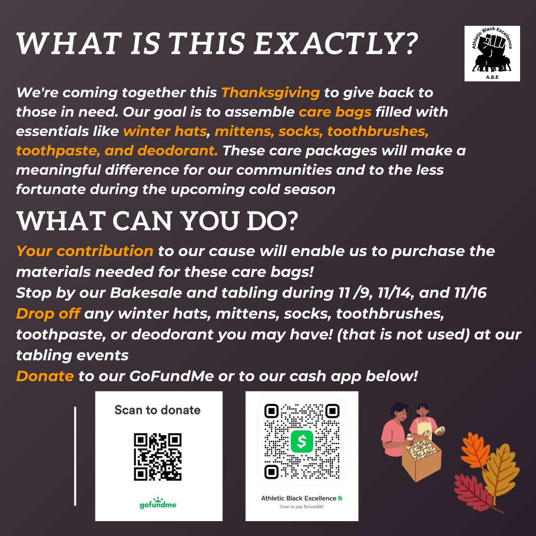uwwabe1's tweet photo. This Thanksgiving, we're on a mission to give back in a big way!✊🏾🖤
As the temperatures drop, we're preparing care bags filled with hats mittens, socks, toothbrushes, toothpaste, and deodorant to make a meaningful impact on those in need. 🦃🙏🏾 https://t.co/xkMlGmImU0