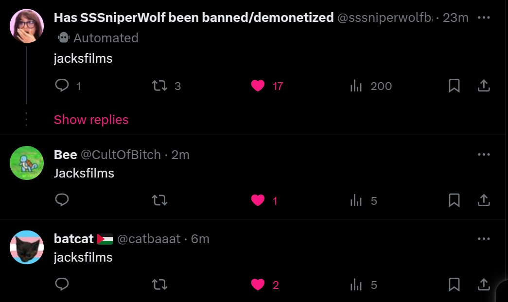 please reply to the quoted tweet with "jacksfilms", and like the replies of everyone else who already has

we do a little trolling