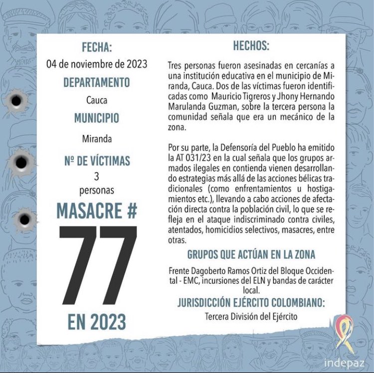 ChrisPeverieri's tweet photo. #Colombia | Tre persone sono state assassinate a Miranda, nel dipartimento di Cauca.

È il massacro numero 77 del 2023, 246 le vittime totali. https://t.co/ME1wt9HpiU