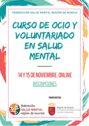 La @SaludMentalRM organiza un curso de ocio y voluntariado en #SaludMental. 

Tendrá lugar los días 14 y 15 de Noviembre de 10:00 a 13:00 y de 10:00 a 12:00 horas respectivamente en modalidad online.