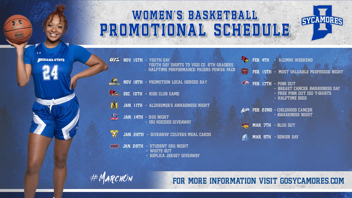 2023-24 Indiana State Women's Basketball promotional schedule announced 📰 sycamor.es/3u2j2xs #MarchOn | #OneGoalOneFamily