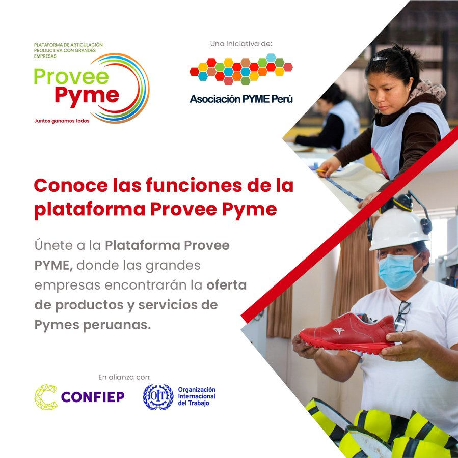 Sé parte de #ProveePYME, la plataforma que impulsa la articulación y desarrollo de proveedores #pymes peruanas. 🇵🇪 Trabajamos unidos para salir adelante. ¡Juntos ganamos todos!
🤝 Visita 💻 proveepyme.pe