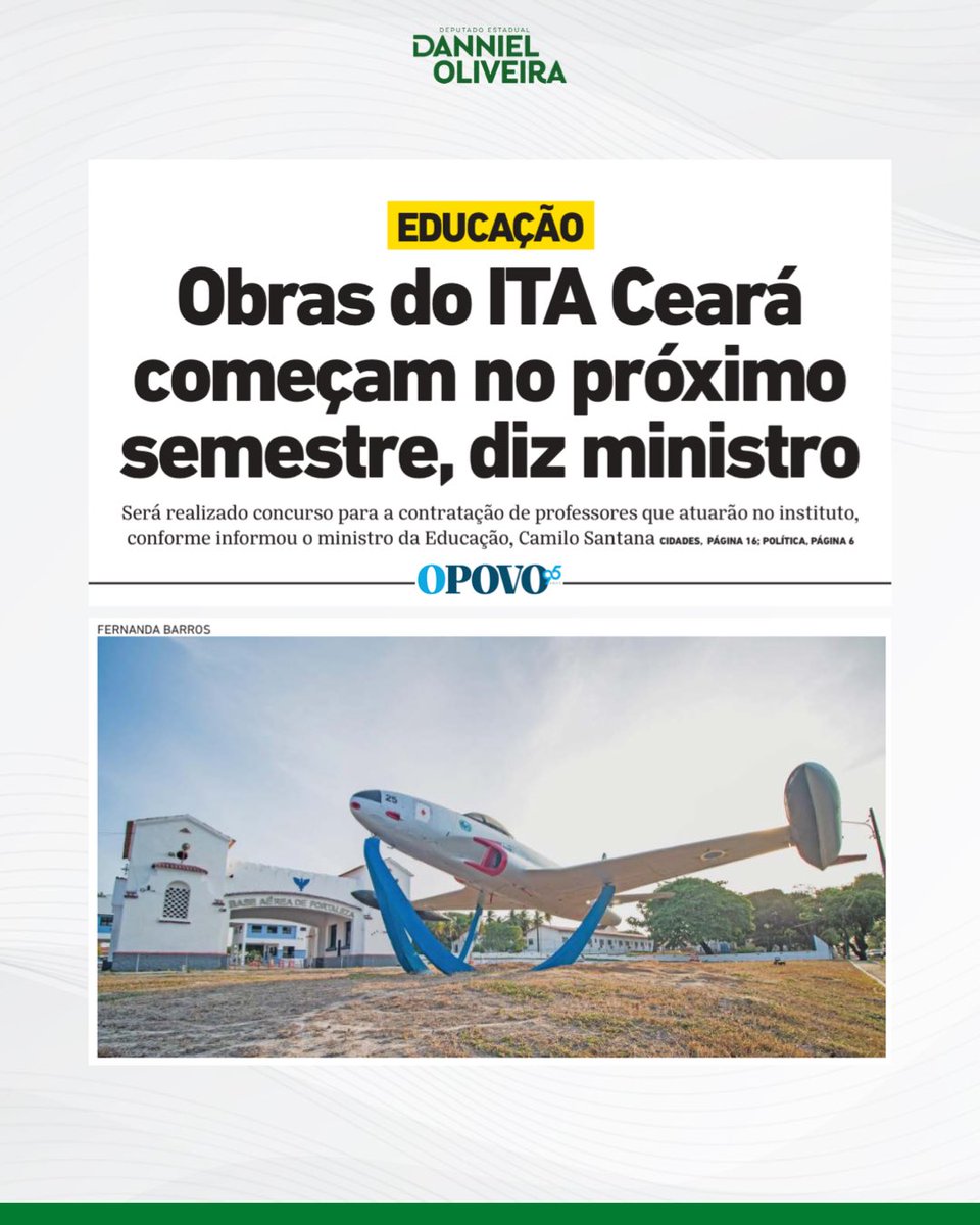 depdanniel's tweet photo. Excelente notícia para o nosso Ceará! 🙌🏼 Na próxima semana, será assinado o termo de cooperação técnica para a implantação do campus do Instituo Tecnológico Aeronáutica (ITA) em Fortaleza, e as obras já devem ter início no próximo semestre. https://t.co/EFx3d9wrTP