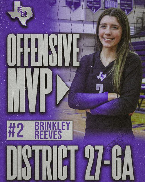 San Marcos Rattler Volleyball (@sanmarcoshsvb) on Twitter photo Congrats to <a href="/brinkleyreeves2/">Brinkley Reeves</a> for being named Co-Offensive MVP for our district….She’s a stud outside hitter who’s VB IQ and ability to see the whole court makes her a truly unique gem….best part she’s only a junior!! Congrats to <a href="/brinkleyreeves2/">Brinkley Reeves</a> for being named Co-Offensive MVP for our district….She’s a stud outside hitter who’s VB IQ and ability to see the whole court makes her a truly unique gem….best part she’s only a junior!!