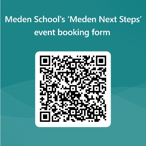 MedenSchool's tweet photo. Meden School Next Steps Event on Thursday 16th November 5pm - 7pm. Families &amp; students in Y10, Y11, Y12 &amp; Y13 are invited. Come and meet Employers, Colleges &amp; Universities to see what they have on offer. Click on the QR code to book a place. #aspiration #excellence #achieve https://t.co/9r3x8PBkKO