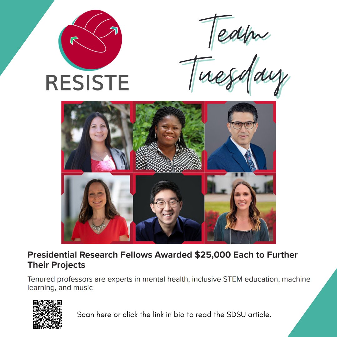Happy #resisteteamtuesday! Check out the latest @sdsuresearch article featuring <a href="/DrHerreraSDSU/">Felisha Herrera Villarreal, PhD</a>, one of six faculty recently selected as a Presidential Research Fellow. This award recognizes Dr. Herrera and our team’s work <a href="/resiste_sdsu/">RESISTE - Research & Equity Scholarship Institute</a>. <a href="/sdsucoe/">SDSU Education</a> @sdsuresearch
#resistesdsu #sdsu