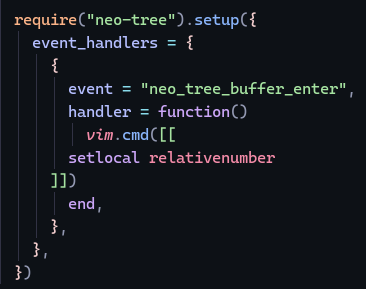 pedronauck's tweet photo. If you are a @Neovim user using #Neotree, just add this to your config and thank me later 😍

Yes, line numbers into Neovim 🔥 https://t.co/jeunHifhSA