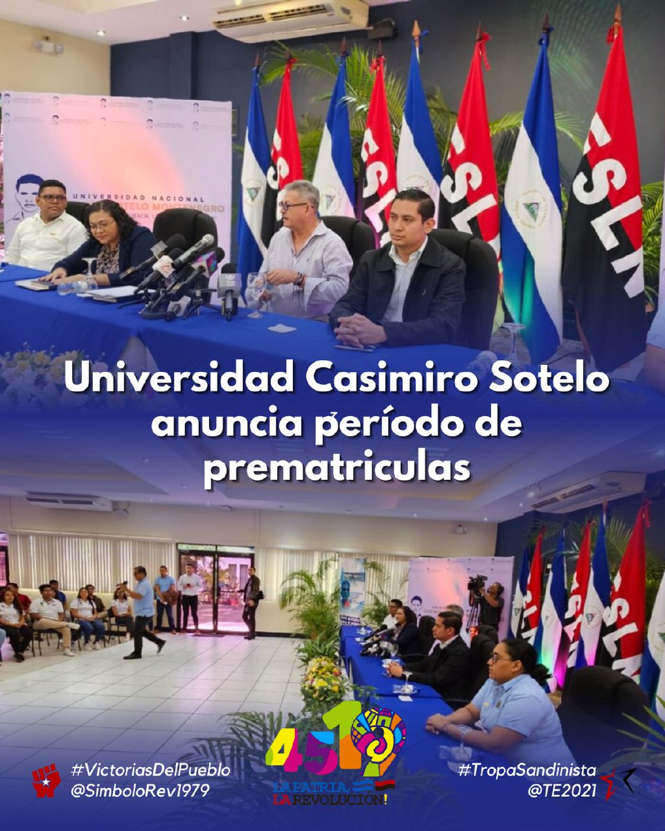 #NICARAGUA
UNIVERSIDAD NACIONAL CASIMIRO SOTELO
Anuncia período de Prematriculas
Para nuevo ingreso : 6 al 27 de nov.
Reingreso  del 4 al 16 de Dic. 2023
Incio de clases para todos los estudiantes 15 Enero 2024
#ComandanteCarlosComandanteEnJefe
#TropaSandinista