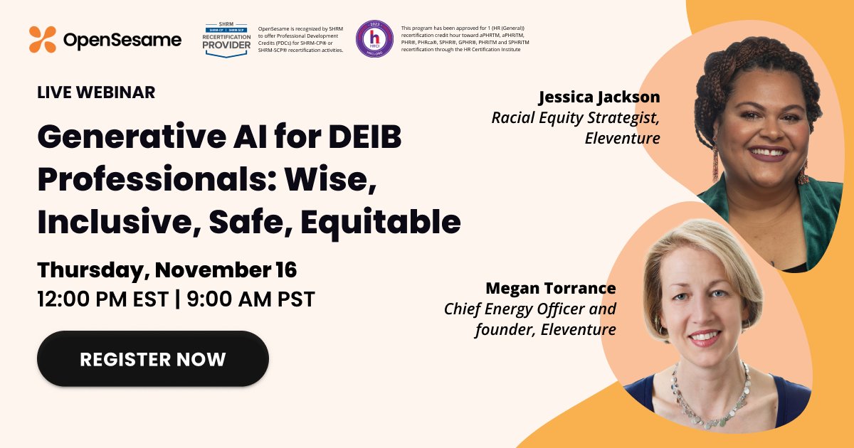 OpenSesame's tweet image. In our next DEI webinar, Jess Jackson &amp;amp; Megan Torrance will discuss in practical terms what generative AI actually is and how to effectively use it in your role. Register now: bit.ly/46JBM39