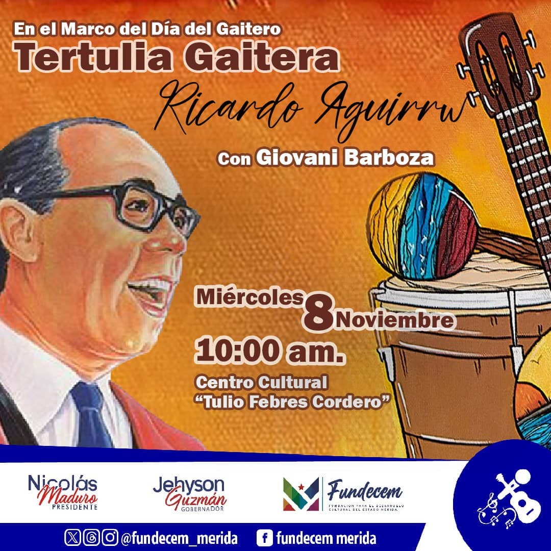 #7Nov || <a href="/Fundecem_Merida/">Fundecem Mérida</a> celebrará este miércoles, 8 de noviembre, el Día del Gaitero, con una tertulia en homenaje al "Monumental de la Gaita" Ricardo Aguirre, que contará con la participación de Giovani Barboza.

#VenezuelaTodaPorElEsequibo