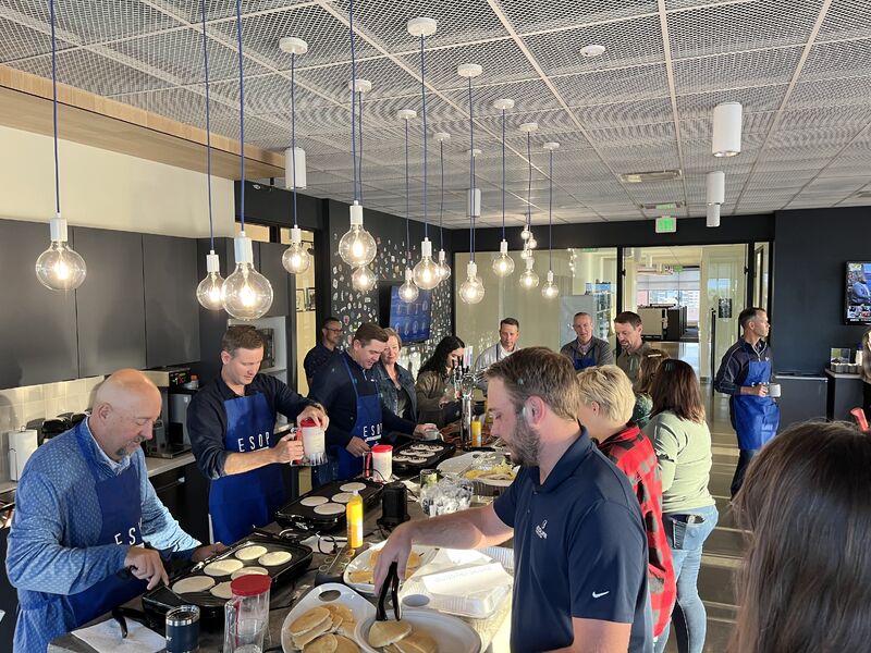 JEDunn's tweet photo. To celebrate #ESOP month, our West region offices enjoyed an (E)ggs, (S)ausage, (O)range Juice, and (P)ancakes breakfast made and served by leadership team members! We had a blast, and the food was delicious! #JEFunn #EmployeeOwnership #BestPeopleRightCulture #JEDunn https://t.co/bW3qDHUIXW