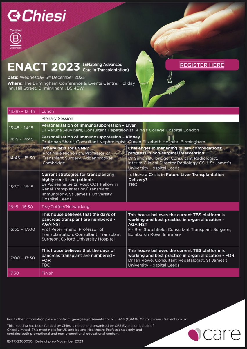 Still spaces for the #ENACT2023 meeting (FREE TO REGISTER) for UK healthcare professionals involved with transplantation. In #Birmingham on Wednesday December 6th.

An excellent program as below - don’t miss out 👊🏼👊🏼👊🏼

Link for FREE registration:
cfsevents.eventsair.com/enact2023/enac…