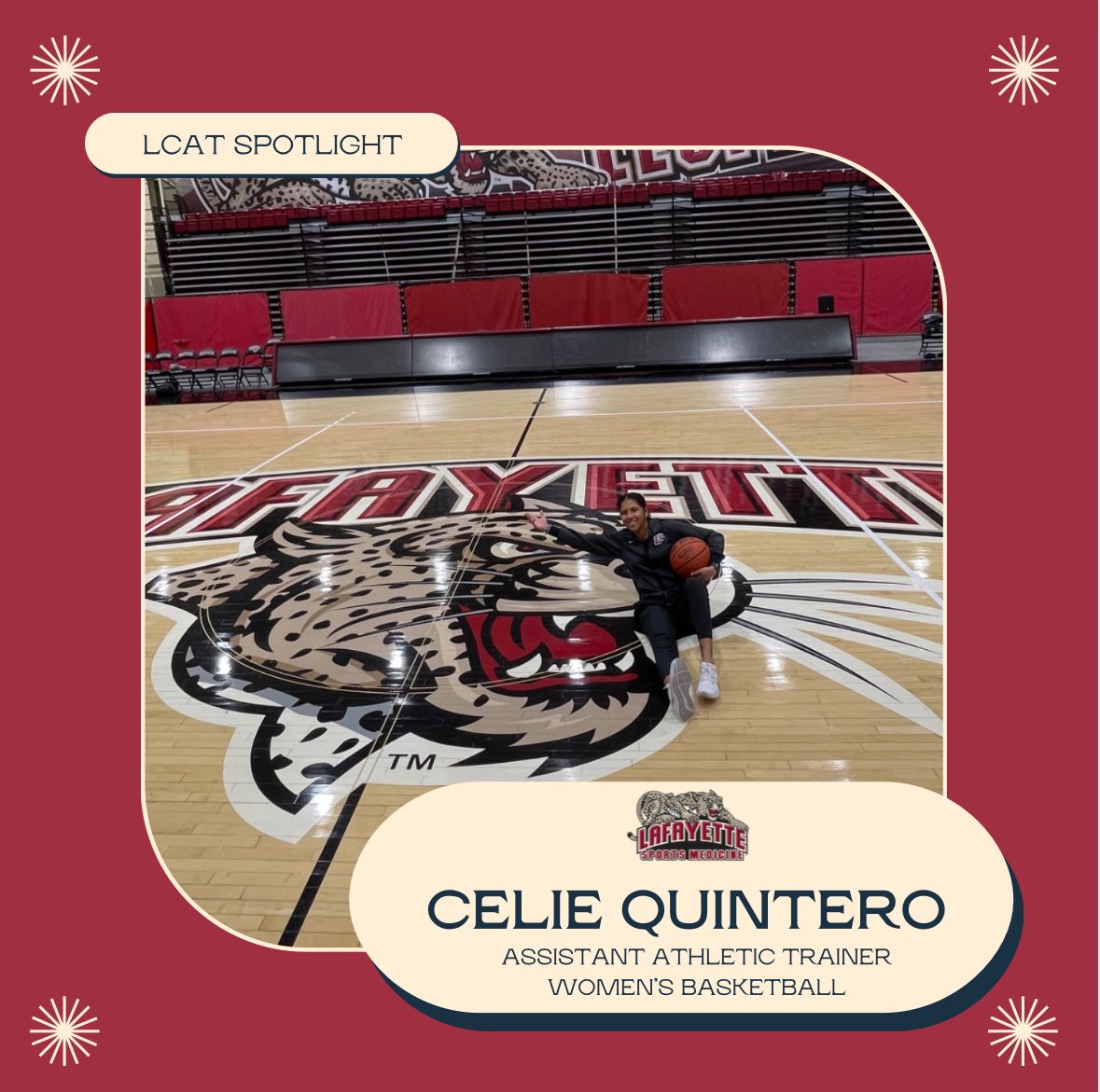 LCSportsMed's tweet photo. LCATs SPOTLIGHT 🤩🐆
•
With @lafayettewbb season starting today and we want to bring the spotlight to Celie Quintero, Assistant Athletic Trainer. Wishing you and the team a great and healthy season. 
•
•
#rollpards #LCATs #goleopards🐆 #sportsmed #athletictrainers https://t.co/Womv4Ycnsh
