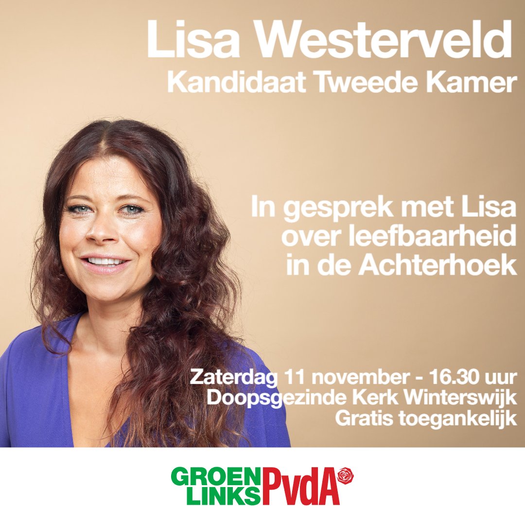 Aanstaande zaterdag 11 november komt <a href="/Lisawesterveld/">Lisa Westerveld 🟥</a> naar Winterswijk! In de Doopsgezinde Kerk gaan we met Lisa in gesprek over leefbaarheid en onderwerpen die leven in de Achterhoek. Zorg dat je er bij bent! 

#GroenLinks #PvdA #Winterswijk #Achterhoek #politiek