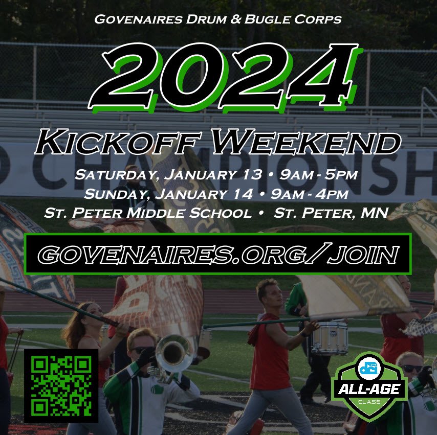 Govenaires's tweet photo. 📣 Our 2024 season kicks off the weekend of January 13-14, in St. Peter, MN!

Looking to perform at Drum Corps International Championships in Indianapolis this summer? Now is your chance!

💚 Learn more at https://t.co/cWZYgjAxae and stay tuned for more updates on our season! https://t.co/DRXiDZyG3T