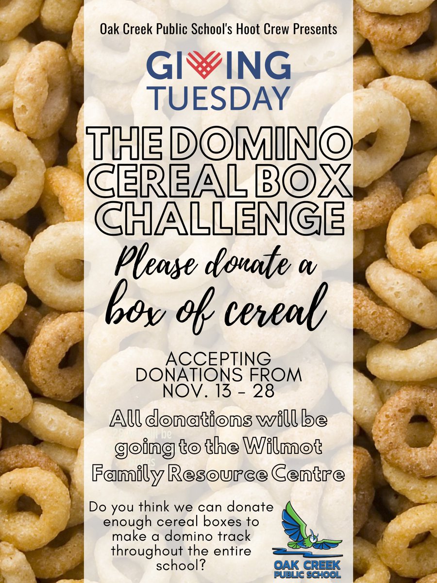 It's that time of year again Owls! We will be collecting boxes of cereal to donate to the Wilmot Family Resource Centre again this year as our Giving Tuesday innovative. Last year we donated over 200 boxes of cereal, let's see if we can break our record!