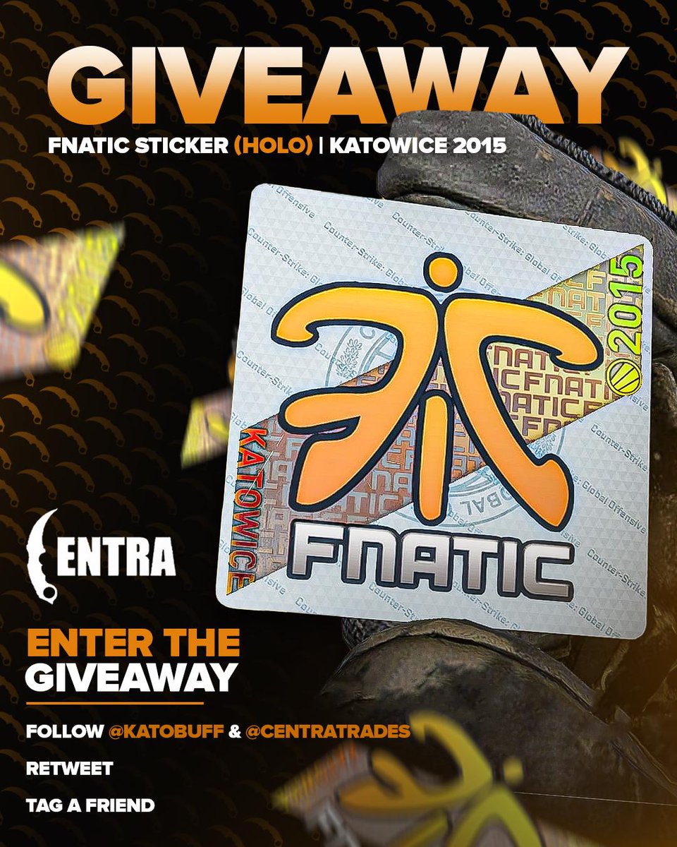 KatoBuff || Buying skins (@katobuff) on Twitter photo CS2 GIVEAWAY!π§‘
I am proud to announce my official partnership with <a href="/CentraTrades/">CENTRA πΈ</a>!
To celebrate it, we are giving away a Sticker Fnatic (Holo) | Katowice 2015
To join GA:
- Follow <a href="/CentraTrades/">CENTRA πΈ</a> and <a href="/KatoBuff/">KatoBuff || Buying skins</a> π«‘
- RTπ
- Tag one friend on commentsπ₯°
Good luck πππ₯ CS2 GIVEAWAY!π§‘
I am proud to announce my official partnership with <a href="/CentraTrades/">CENTRA πΈ</a>!
To celebrate it, we are giving away a Sticker Fnatic (Holo) | Katowice 2015
To join GA:
- Follow <a href="/CentraTrades/">CENTRA πΈ</a> and <a href="/KatoBuff/">KatoBuff || Buying skins</a> π«‘
- RTπ
- Tag one friend on commentsπ₯°
Good luck πππ₯