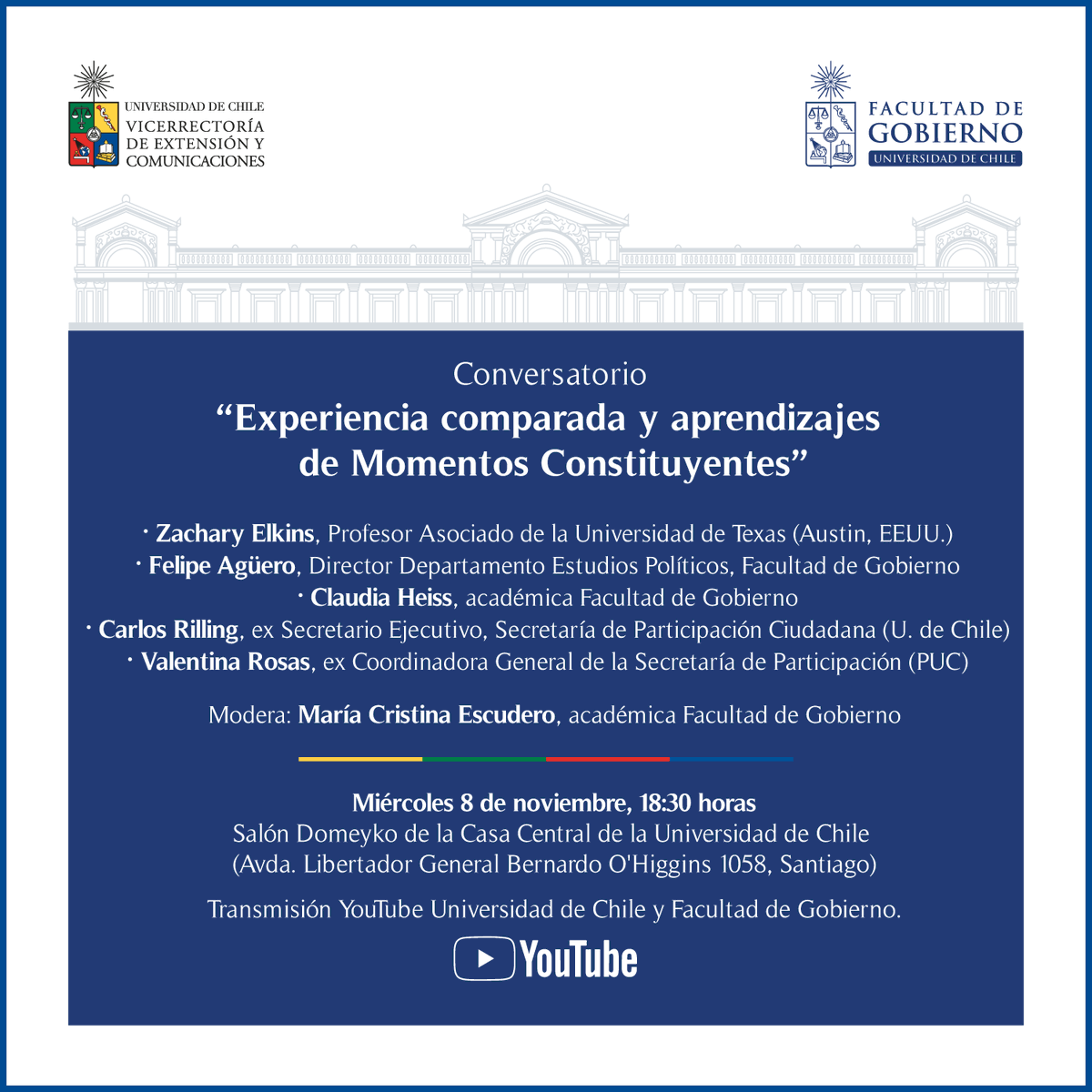 Les invitamos al conversatorio "Experiencia comparada y aprendizajes de Momentos Constituyentes". En la ocasión contaremos con la participación de nuestro invitado Zachary Elkins, de <a href="/UTAustin/">UT Austin</a>.

🗓️08/11, 18.30 horas
📌Casa Central <a href="/uchile/">Universidad de Chile</a>

Inscripciones: bit.ly/3QLUGRA