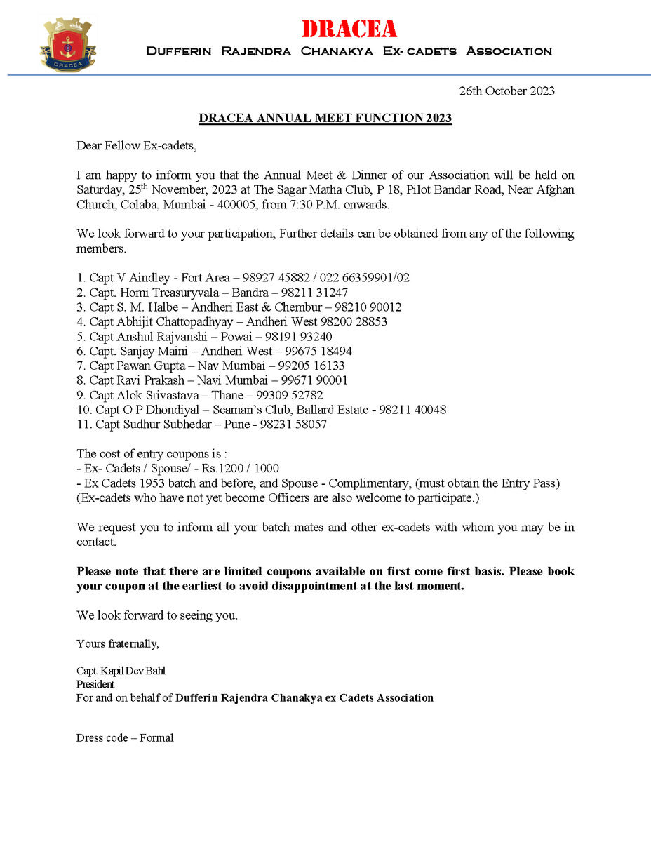 RealDracea's tweet photo. An invitation to Ex-cadets from Capt. Kapil Dev Bahl, President DRACEA. 
Please come and make the evening memorable. 
#DRACEAAnnualDinner #DRACEA https://t.co/4AWzjQeYmQ
