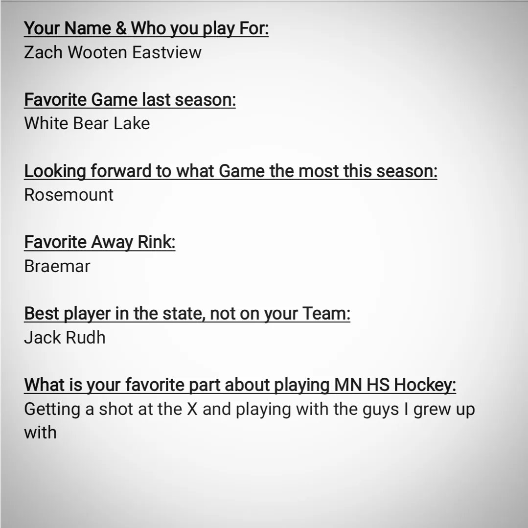 mnhshockeytalk's tweet photo. 5 Fast Questionnaire with Zach Wooten, Senior F #9 out of Eastview!
@zachwooten9 https://t.co/PeyRdxyZb1