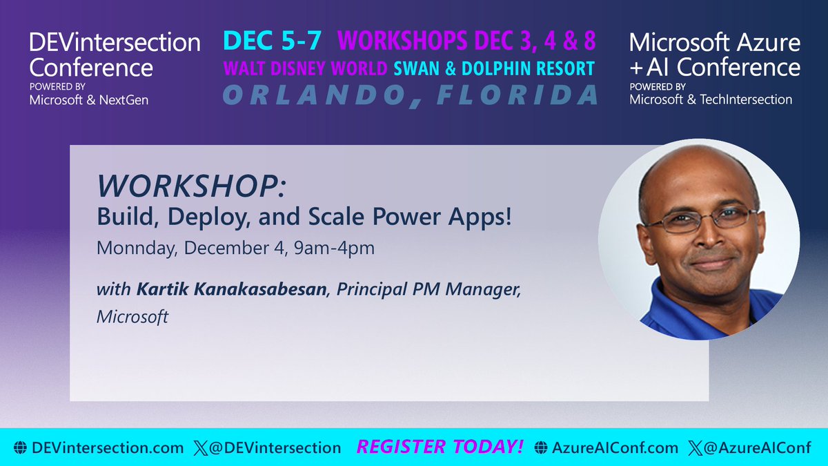 DEVintersection's tweet image. #DEVintersection23 Full-Day Workshop: Learn how to build and deploy Power Apps for enterprise-scale across your organization.
@kkanakas @MSPowerApps #PowerAddicts
Register Today: devintersection.com