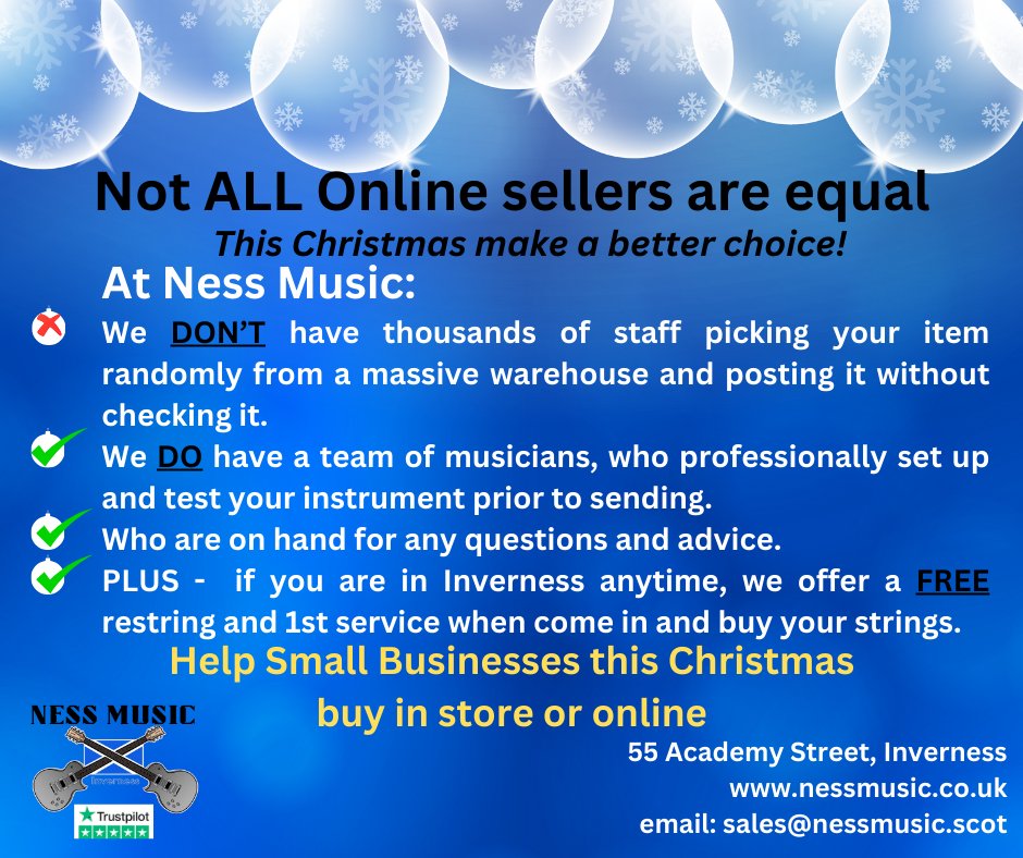 Not ALL Online sellers are equal
This Christmas make a better choice!
At Ness Music
We DON’T have thousands of staff  posting your item without checking it.
We DO have a team of musicians, who professionally set up and test your instrument prior to sending.
#shoplocal #musicshop