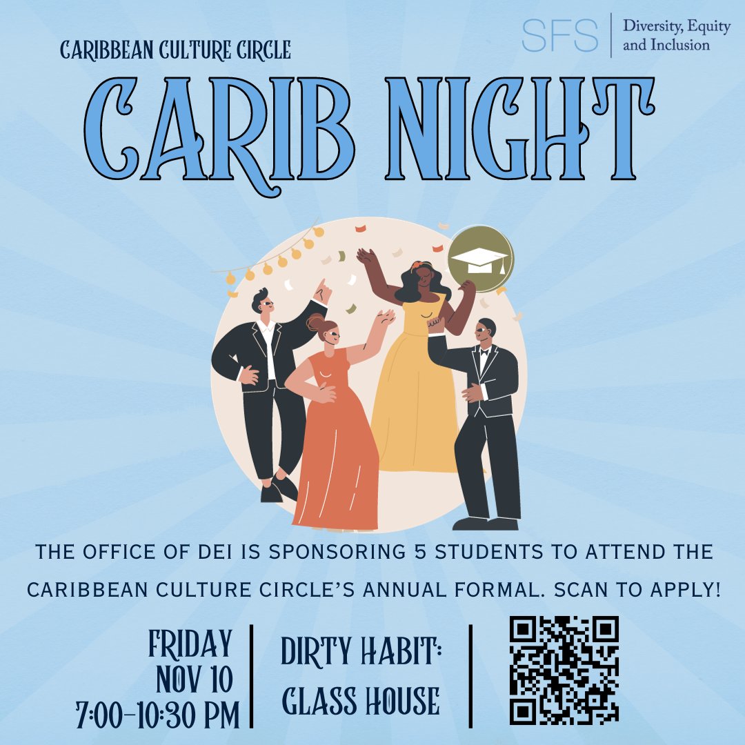 The DEI office will be sponsoring 5 students to attend the Caribbean Culture Circle's annual formal! Scan the code below to apply, or click on the link below. forms.gle/JsEFaiSgb7EsnA…