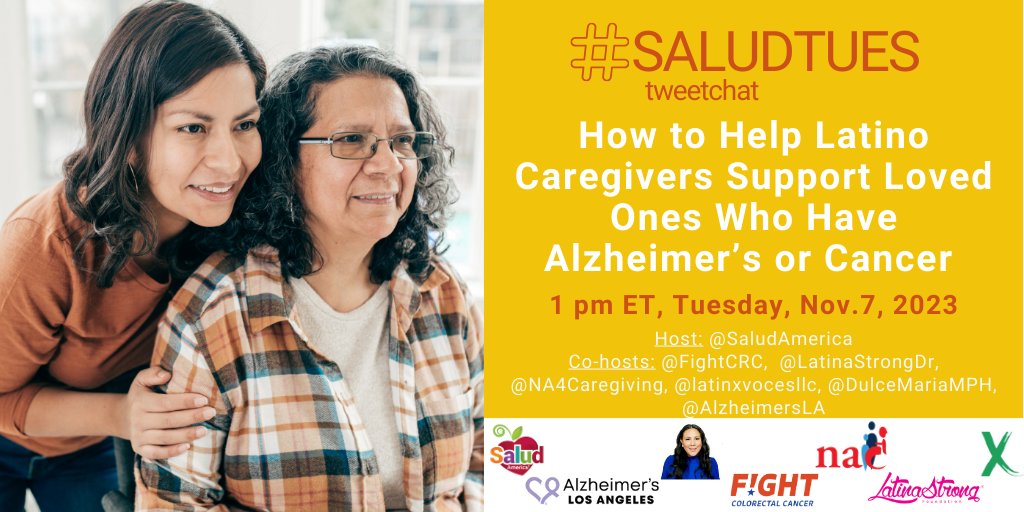 ➡️ #SaludTues in 15 MINUTES! ⬅️
Share resources, support, and tips for Latino caregivers at 1p ET 11/7 with @SaludAmerica! WITH PROMO IMAGE TAGGING: @FightCRC @NA4Caregiving @latinxvocesllc @DulceMariaMPH @LatinaStrongDr @AlzheimersLA