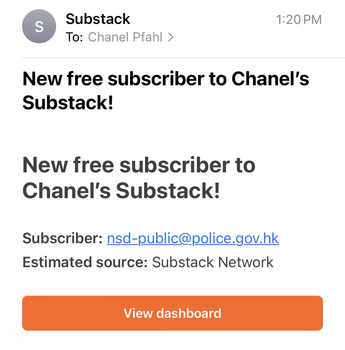 The National Security Department of the Hong Kong Police Force just subscribed to my Substack. 👀