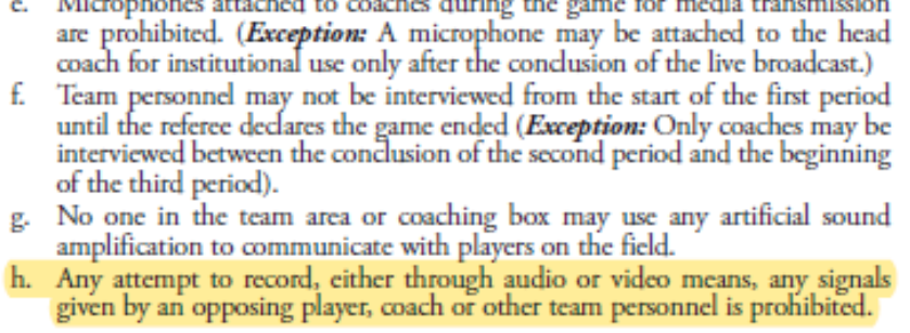 I don't know why people keep spreading the myth that electronic sign stealing is legal. It isn't. Here is the black-letter rule, per the NCAA Rulebook 4.11.h: