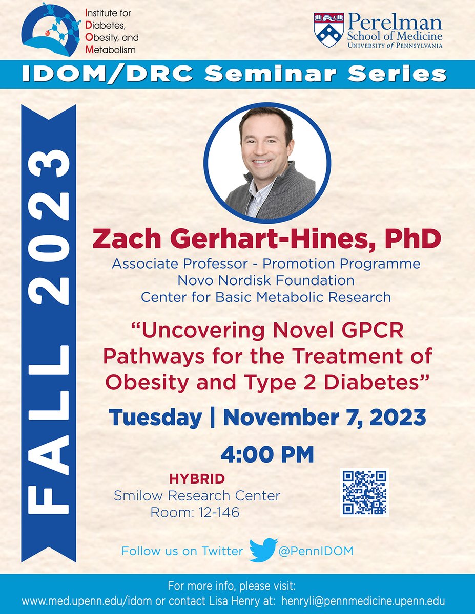 Penn IDOM/DRC Seminar: 11/7/23 @4pm - Zach Gerhart-Hines, PhD @Z_GerhartHines - “Uncovering Novel GPCR Pathways for the Treatment of Obesity and Type 2 Diabetes”.  Please see email or DM for login details.
#IDOMSeminar