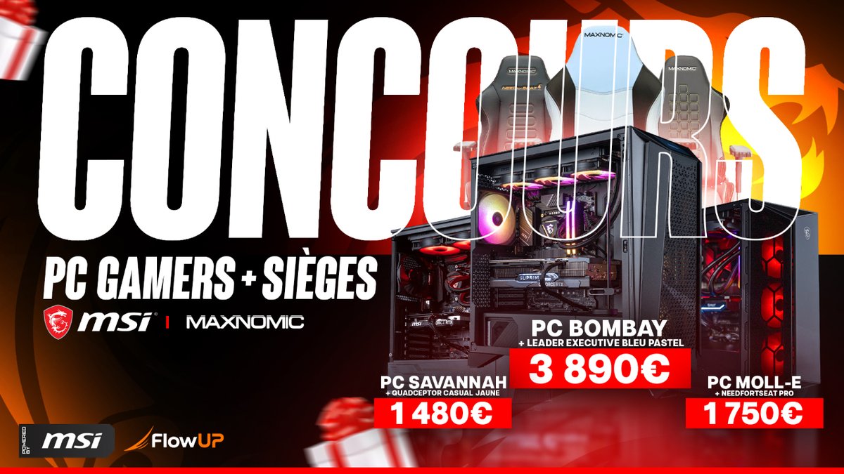 FlowUP | à 3 clics de ton futur PC ! 🫵 (@flowupofficiel) on Twitter photo 🎁CONCOURS 7000€🎁
C'est Noel avant l'heure grâce à <a href="/msifrance/">MSI France</a> et <a href="/NEEDforSEAT_FR/">NEEDforSEAT® France</a> 🔥
Vous pouvez remporter 7000 EUROS DE PC GAMER 😱😎
COMMENT PARTICIPER ?
👉 mtr.cool/avduniczqq
☘️TAS 16/11 18:30☘️
Bonne chance à tous ! 🎁CONCOURS 7000€🎁
C'est Noel avant l'heure grâce à <a href="/msifrance/">MSI France</a> et <a href="/NEEDforSEAT_FR/">NEEDforSEAT® France</a> 🔥
Vous pouvez remporter 7000 EUROS DE PC GAMER 😱😎
COMMENT PARTICIPER ?
👉 mtr.cool/avduniczqq
☘️TAS 16/11 18:30☘️
Bonne chance à tous !