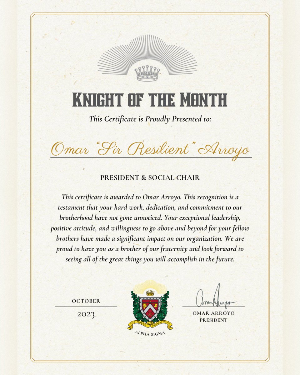 illiknights's tweet photo. The ODPhi bros would like to congratulate 𝗢𝗺𝗮𝗿 “𝐒𝐢𝐫 𝐑𝐞𝐬𝐢𝐥𝐢𝐞𝐧𝐭” 𝗔𝗿𝗿𝗼𝘆𝗼 on being named October's Knight of the Month. 

Omar’s dedication, hard work, and commitment to excellence haven’t gone unnoticed. Congrats, Omar! https://t.co/Vds0SMR5SP