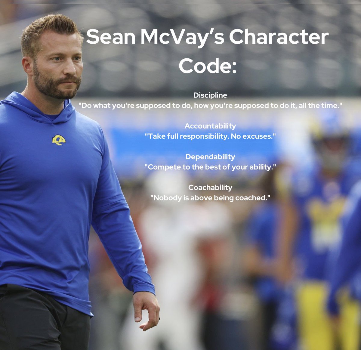 Coach Sean McVay’s Character Code: Discipline 'Do what you're supposed to do, how you're supposed to do it, all the time.' Accountability 'Take full responsibility. No excuses.' Dependability 'Compete to the best of your ability.' Coachability 'Nobody is above being coached.'