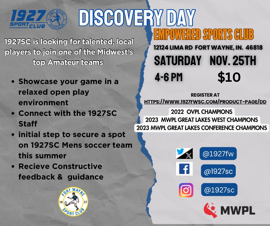 Registration link is up for Nov. 25. Discovery Day. 1927fwsc.com/product-page/dd