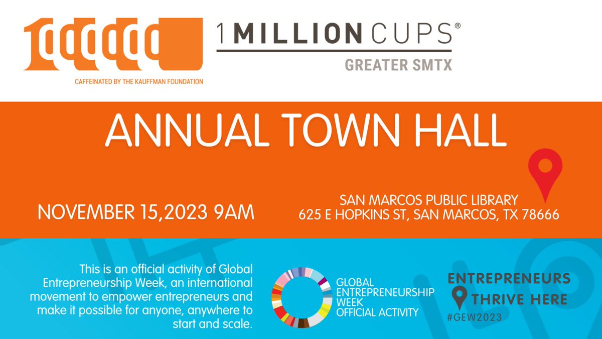 Join us for our year-end 1MC Town Hall event on November 15th at 9-10am at the San Marcos Public Library! Hear from past speakers and meet fellow entrepreneurs and small business owners who make up this amazing community! Hope to see you there! #GEW2023