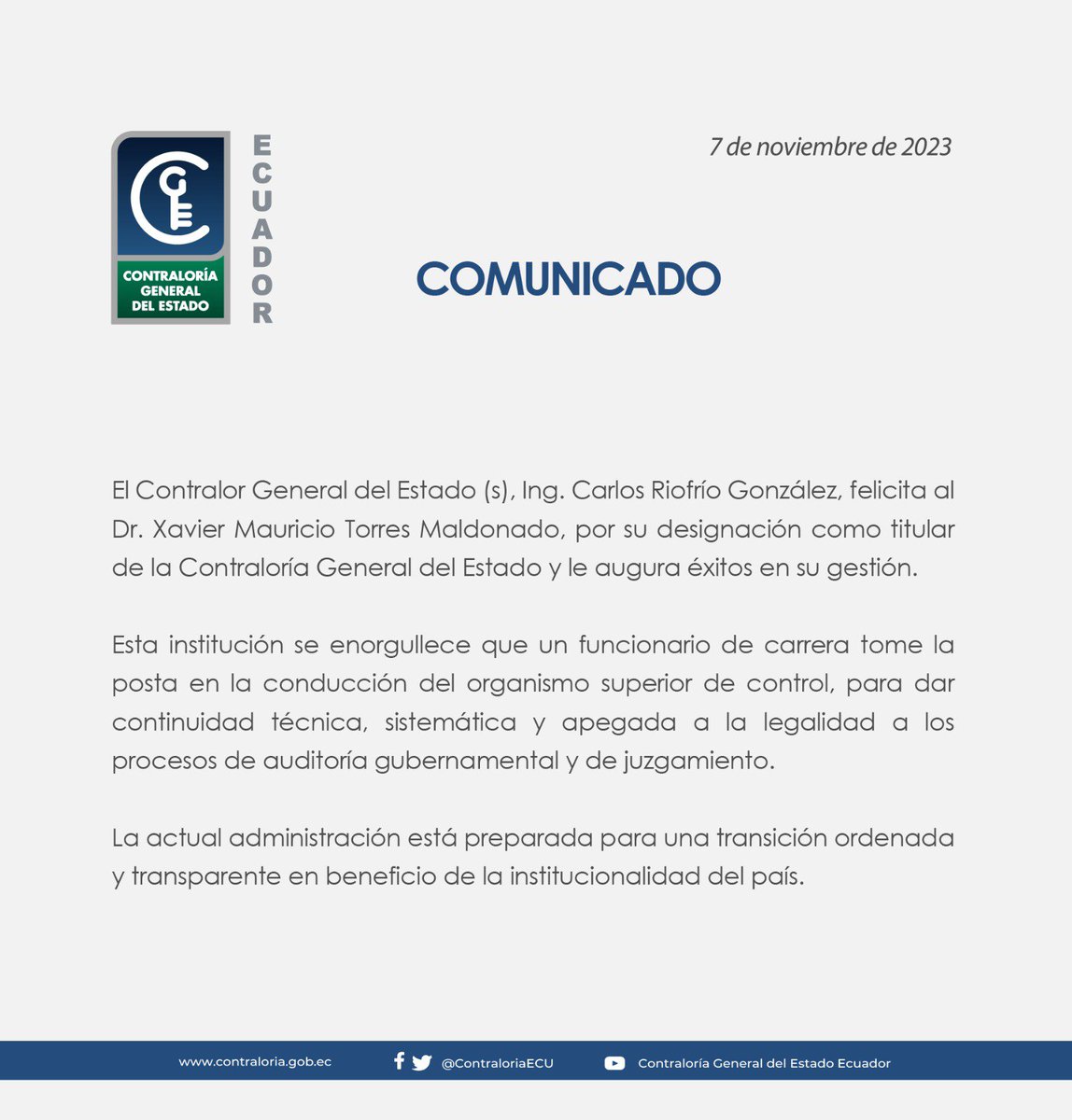 ContraloriaECU's tweet photo. #ComunicadoContraloría 
#DesignaciónContralor https://t.co/bb4EElDgEO