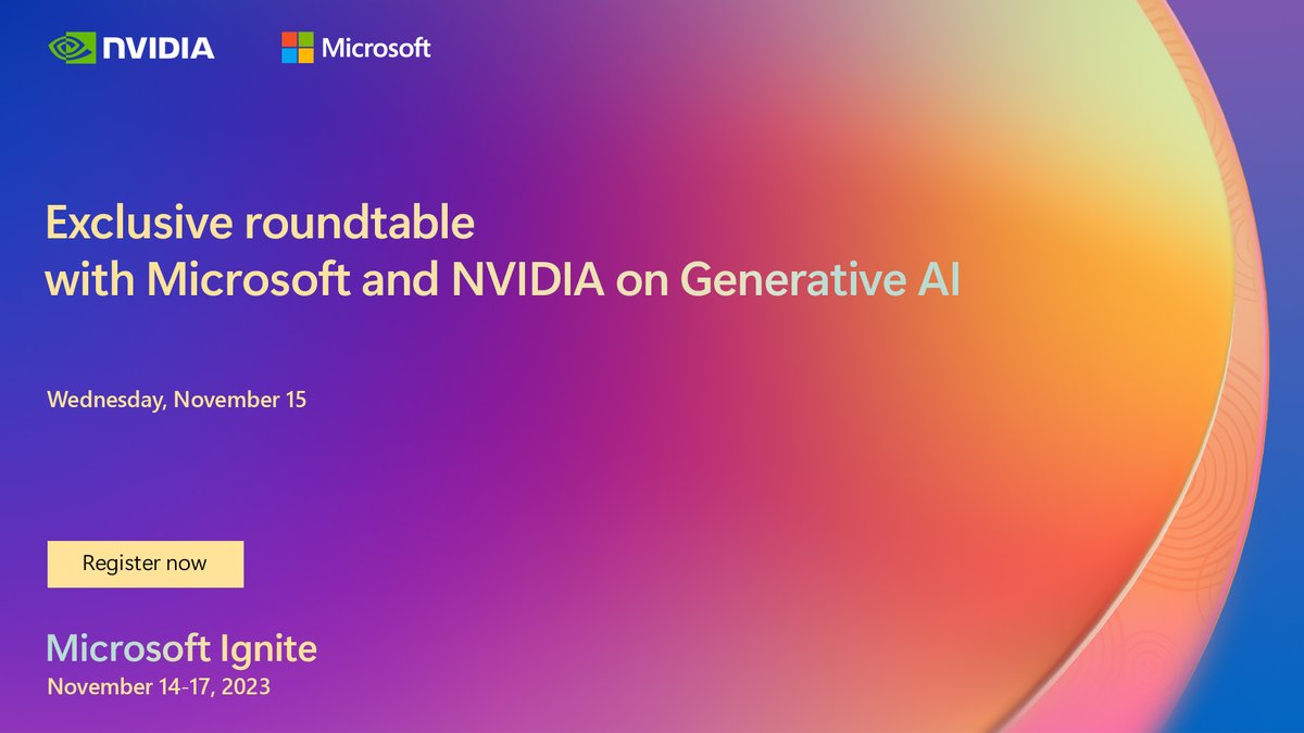 Are you ready to unleash the power of #GenerativeAI for your business? Join us at @MS_Ignite on November 15 for an exclusive roundtable with Microsoft. Learn from industry leaders how to build & deploy scalable #AI solutions. Reserve your spot: nvda.ws/3QGMDFo #MSIgnite